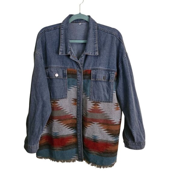 Denim Southwest Western Mixed Media Shacket Flap Pockets Raw Hem Size XL - Picture 2 of 11